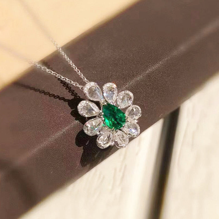Silver Green Teardrop Flower Halo Pendant Necklace Alloy