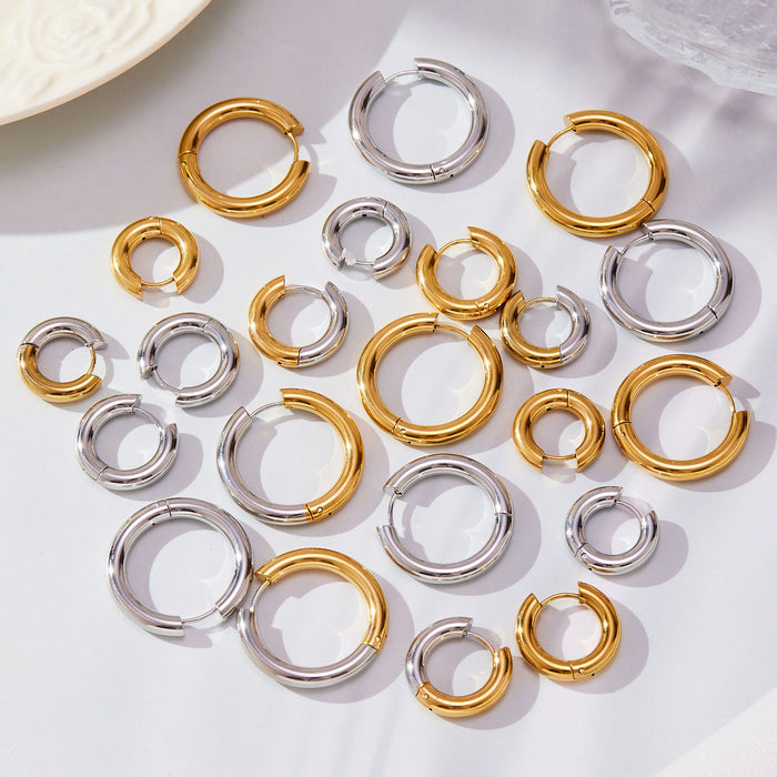 Thick Hoop Huggie Earrings Gold Steel Two-Tone Sizes