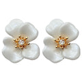 White Enamel Flower Stud Earrings Gold Stamen Clear CZ view 5