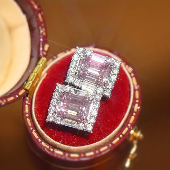 Silver Tone Pink Emerald Cut Halo Stud Earrings Baguettes