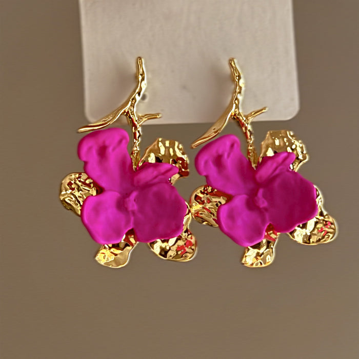 Gold Fuchsia Sculpted Flower Drop Earrings Statement Jewelry