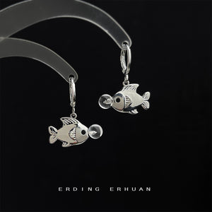 Silver-Tone Bubble Fish Charm Huggie Hoop Drop Earrings