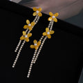 Yellow Flower Clear Stone Long Chain Tassel Stud Earrings view 4