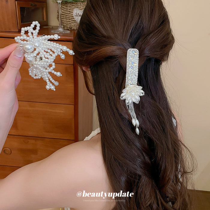 White Pearl Bow Duckbill and Flower Tassel BB Hair Clips