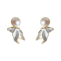 Gold Tone White Pearl Top And Sculpted Leaf Drop Stud Earrings view 5