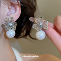 Crystal Flower Stud Earrings With White Pearl Drops view 4