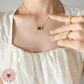 Gold Stepped Rectangle Blue Stone Inlay Pendant Necklace view 3