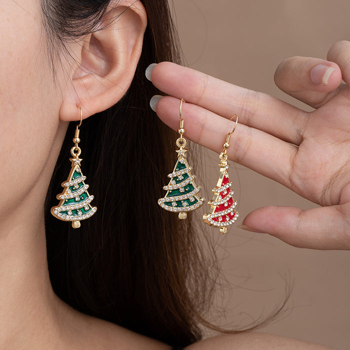 Red and Green Clear Accent Christmas Tree Hook Earrings