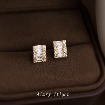 Gold Tone Square Baguette Round Zircon Geometric Stud Earrings