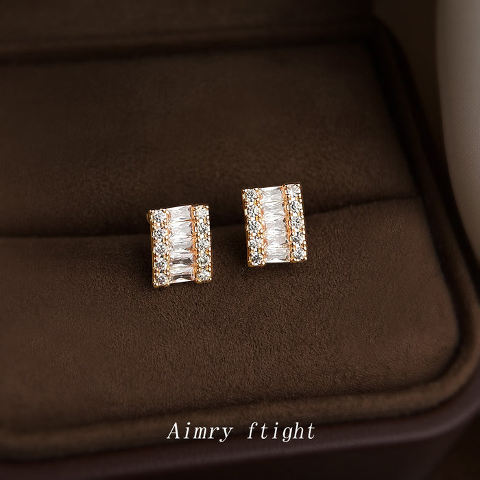 Gold Tone Square Baguette Round Zircon Geometric Stud Earrings