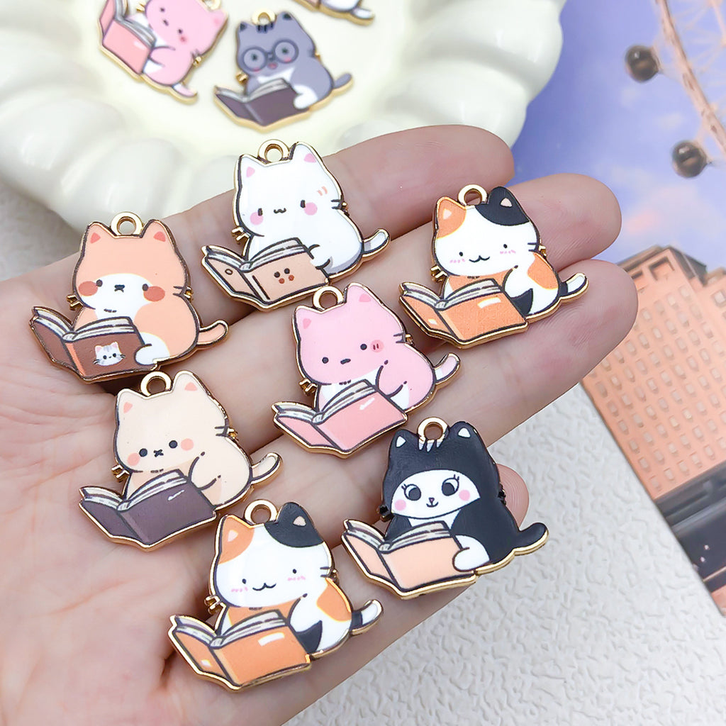 Printed Enamel Zinc Alloy Reading Cat Charm Pendant for DIY Earrings and Necklace Making