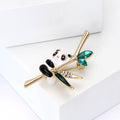 Playful Panda on Bamboo Brooch with Green Crystal Leaves view 2