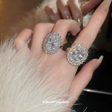 Oversized Clear Oval Solitaire Halo Ring In Silver Or Gold Tone