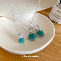 Silver Green Square Pendant Necklace and Drop Hoops view 3