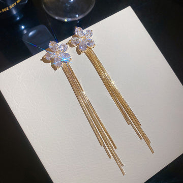 Crystal Flower Stud Earrings With Long Silver And Gold Tassels