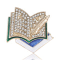 Gold Rhinestone Open Book Brooch Quill Feather Enamel Pin view 1