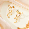 Gold Tone Ribbon Bow Extra Long Dangle Stud Earrings view 3
