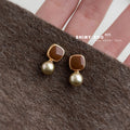 Mocha Enamel Square Champagne Pearl Drop Earrings Gold view 3