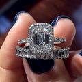 Silver Tone Emerald Cut Halo Crystal Ring Set Fashion Jewelry view 1