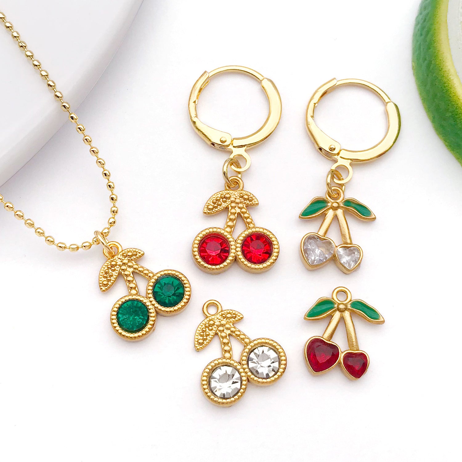 Stainless Steel Rhinestone Cherry Charm Pendant for DIY Necklace Bracelet Earrings