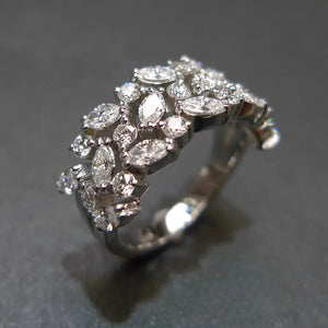 Silver Tone Wide Marquise Crystal Leaf Cluster Band Ring