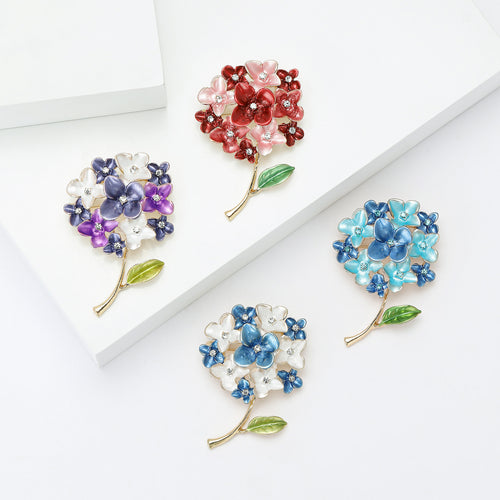 Four enamel hydrangea brooches purple red blue lake blue colors