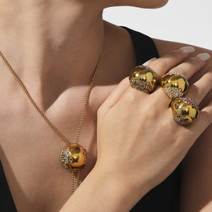 Hollow Hemisphere Zircon Necklace Ring Stud Jewelry Set