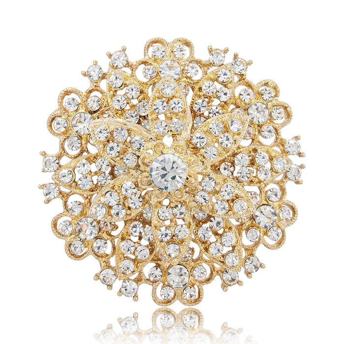 Large Crystal Flower Brooch Openwork Silver Or Gold Pin
