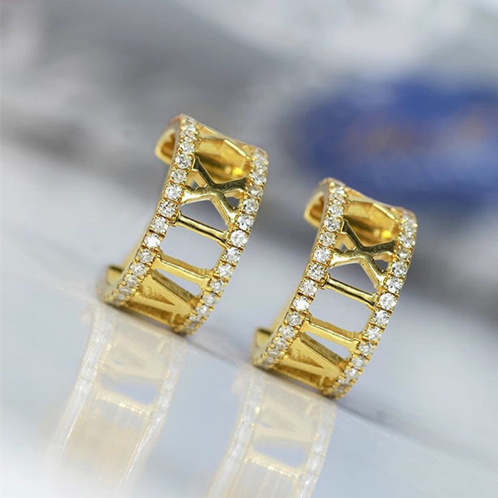 Gold Tone Roman Numeral Crystal Hoop Earrings Polished Statement Fashion Jewelry