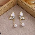 White Petal Butterfly Pearl Look Gold Chain Earrings view 4