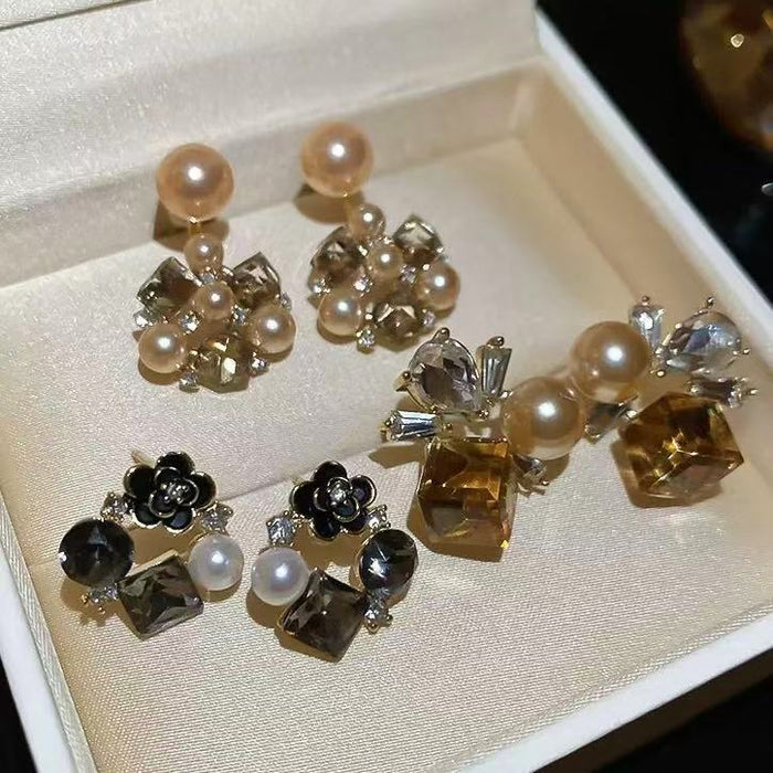 Mixed Pearl Look Floral and Crystal Stud Earrings Set