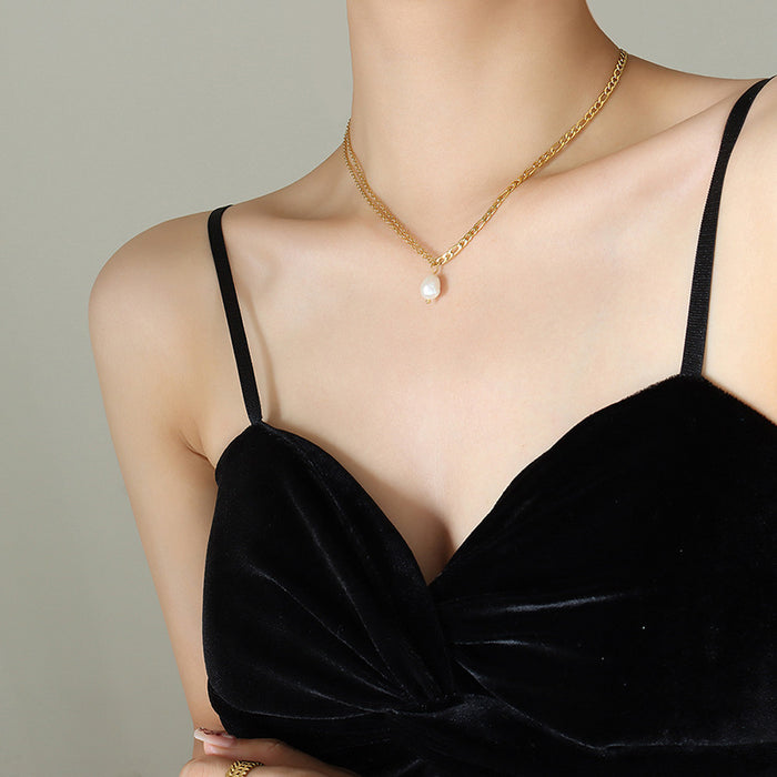 Double Figaro Freshwater Pearl Drop Necklace Gold Steel