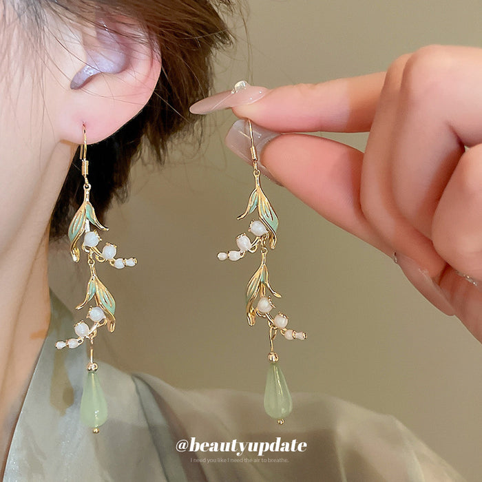 Gold Tone Leaf And Pale Green Teardrop Hook Earrings