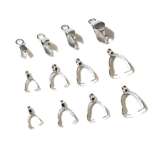 Image 2 showing stainless steel pinch bails for pendants in assorted sizes in the pictured colors and forms