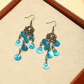 Blue and White Shell Disc Antique Tone Tassel Earrings view 4