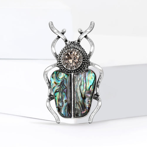 Abalone beetle brooch on white blocks iridescent wing panels