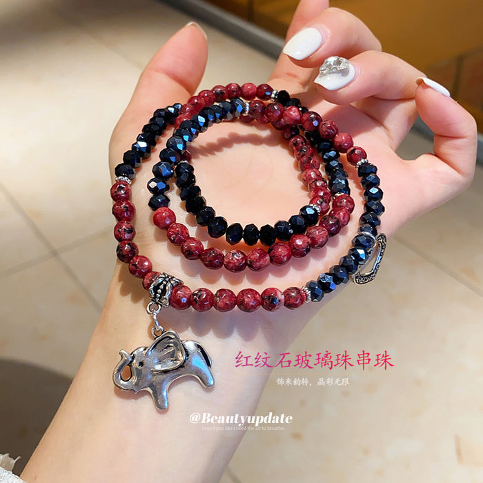 Red Stone Blue Glass Multi Wrap Bracelet Elephant Heart