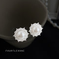 Silver Pearl Stud Earrings Clear CZ Starburst Halo view 4