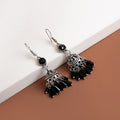 Black Stone Antique Silver Jhumka Bead Fringe Hook Earrings view 4