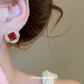 Red Square Crystal Statement Stud Earrings with Metal Settings view 3