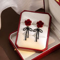 Red Velvet Rose Stud Earrings Black Bow Drop Charms view 4