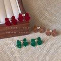 Velvet Bow Stud Earrings Gold Center Green Camel Pair view 2