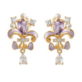 Gold Tone Purple Iris Clear Stone And Teardrop Stud Earrings view 5
