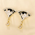Gold Tone Black White Floral Fan Drop Earrings view 2