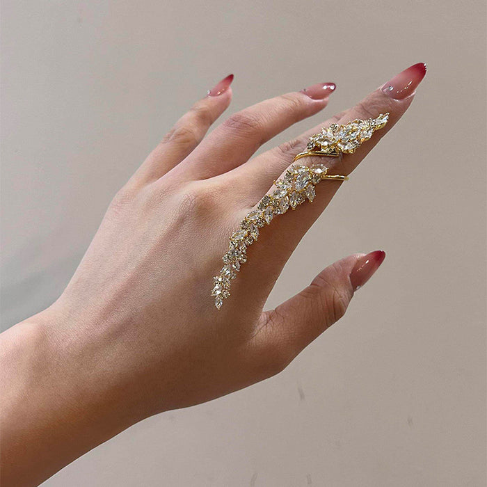 Leaf Crystal Open Ring Two Tones Gold Silver Cascading Stones