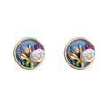 Gold Tone Blue Round Floral Scene And White Flower Stud Earrings view 5