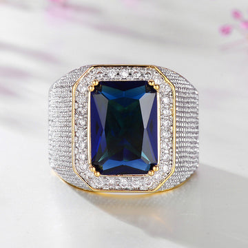 Rectangular Blue And Black Stone Wide Signet Ring In Silver Tone