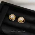 Gold Twisted Rope Frame Stud Earrings White Pearl Center view 3