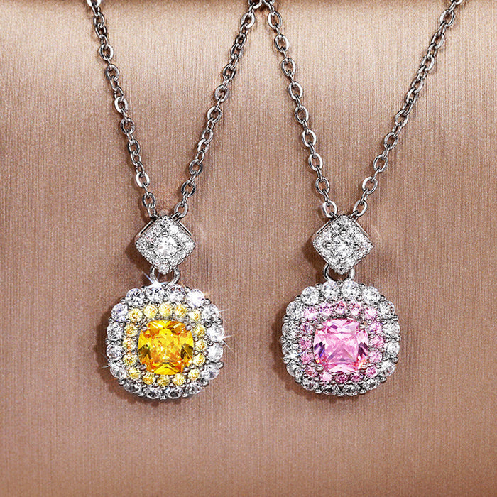 Silver Square Halo Pendant Necklace Yellow Or Pink Stone