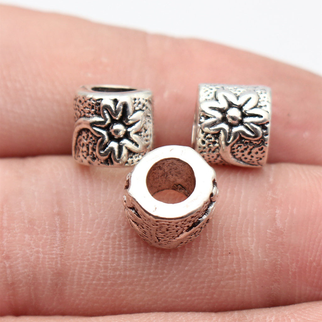 10x9.7x8.2mm 2g Antique Silver Zinc Alloy Flower Pattern Large Hole Beads for DIY Jewelry Making